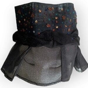 Vintage Black Mesh Fascinator Hat with Multicolor Sequins and Sheer Veil